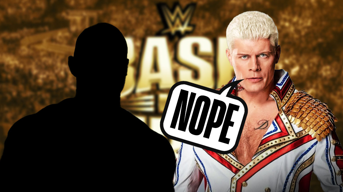 Cody Rhodes with a text bubble reading "Nope" next to the blacked-out silhouette of Randy Orton in front of the Bash in Berlin logo