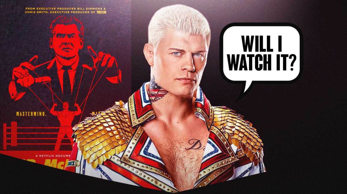 Cody Rhodes with a text bubble reading "Will I watch it?" in front of the Mr. McMahon documentary poster