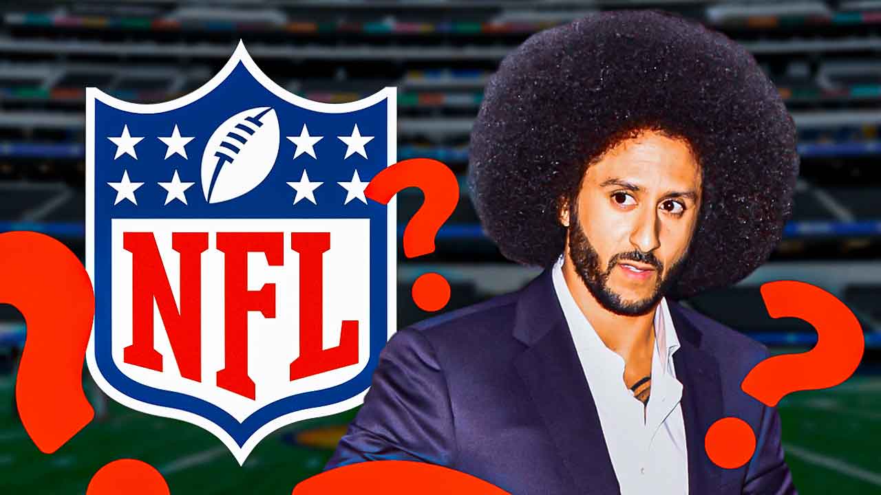 Colin Kaepernick facing the NFL logo with a question mark between them