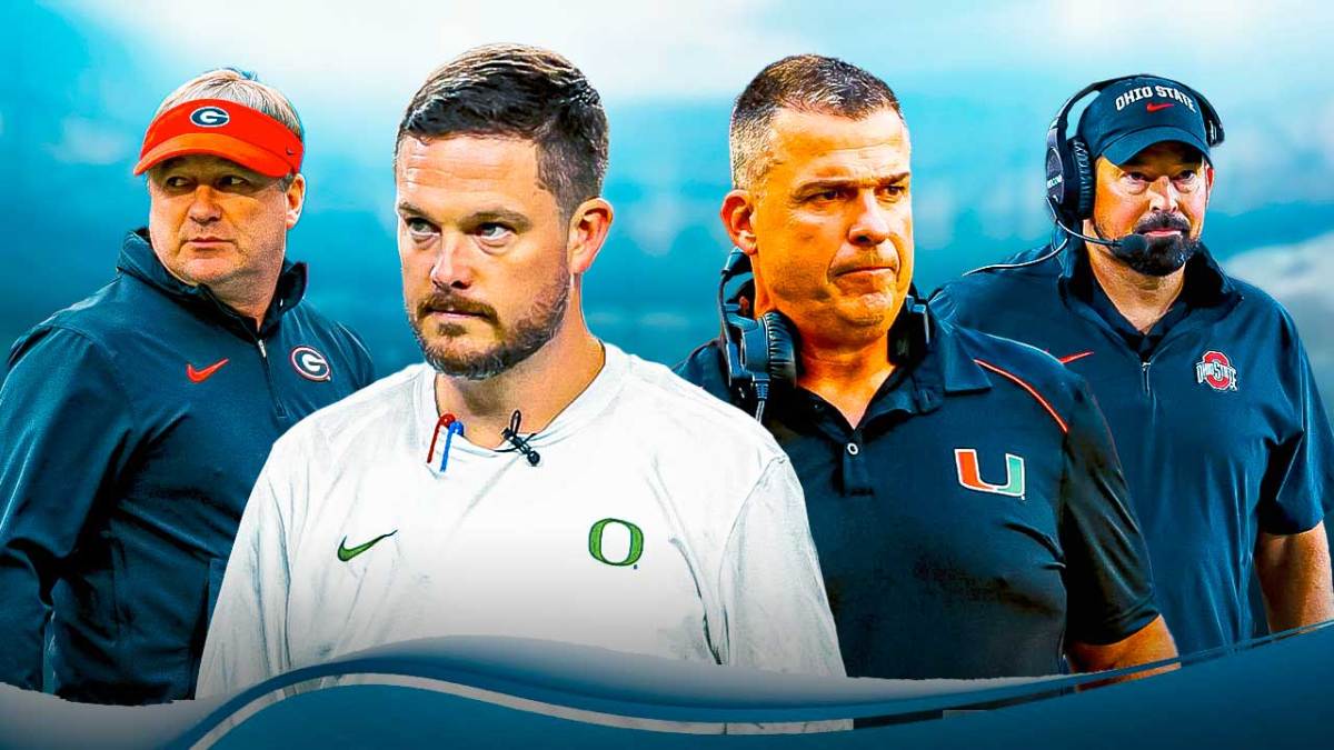 Oregon football coach Dan Lanning, Miami football coach Mario Cristobal, Georgia football coach Kirby Smart and Ohio State football coach Ryan Day.