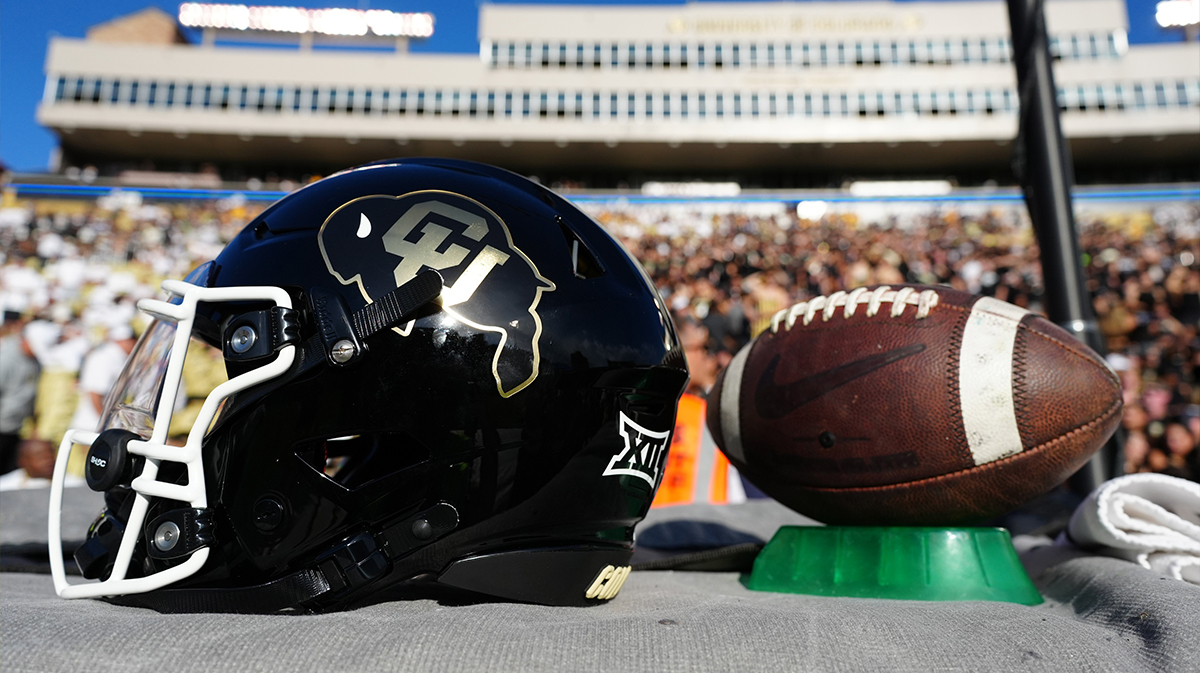 Detailed view of the helmet worn by Colorado Buffaloes quarterback Shedeur Sanders (2) (not pictured) before the game against the North Dakota State Bison at Folsom Field.