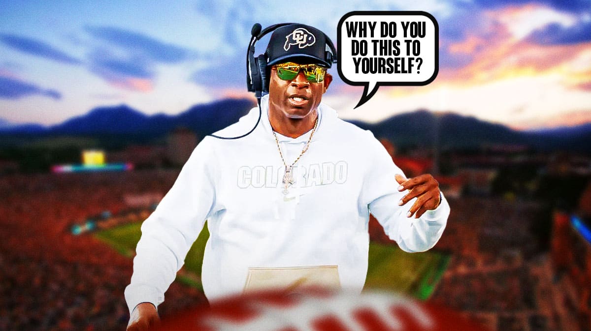 Deion Sanders in Colorado gear. Speech bubble that says "Why do you do this to yourself?"