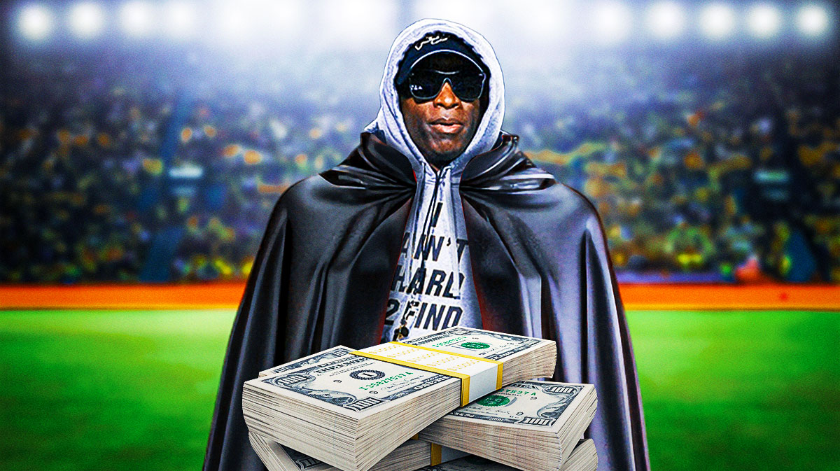 Deion Sanders (Colorado football head coach) wearing a cape and with stack of cash in each hand