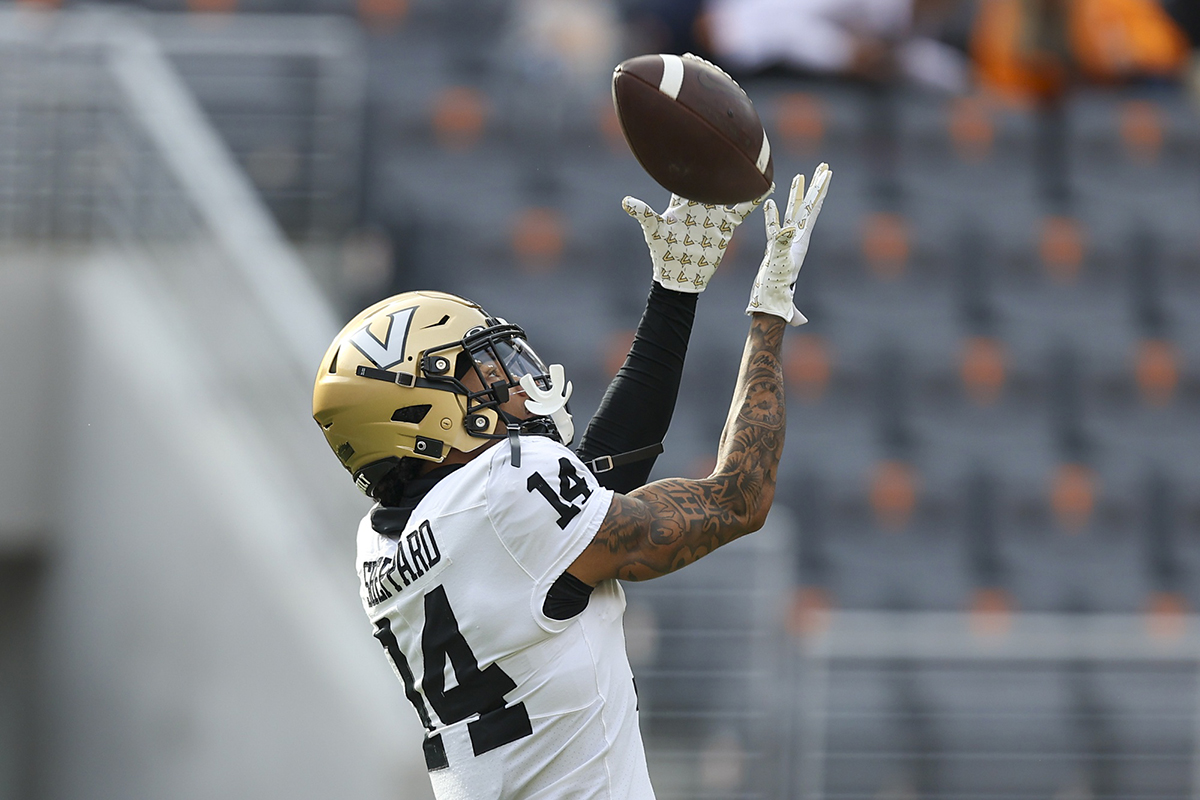 Vanderbilt Commodores wide receiver Will Sheppard (14) catches a pass in warmups before the game against the Tennessee Volunteers at Neyland Stadium.