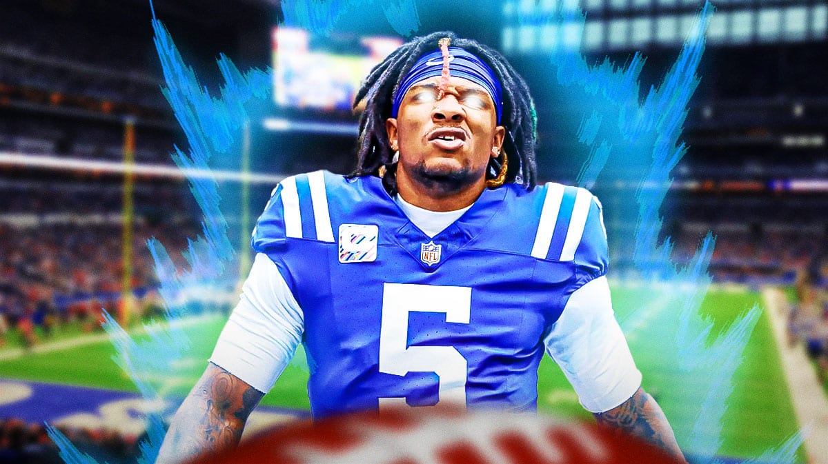 Anthony Richardson with a super saiyan aura and glowing eyes featuring a Colts-colored background.