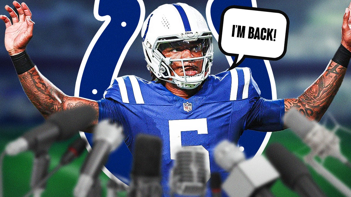 Indianapolis Colts QB Anthony Richardson with a speech bubble that says “I’m back!” There is also a logo for the Indianapolis Colts.