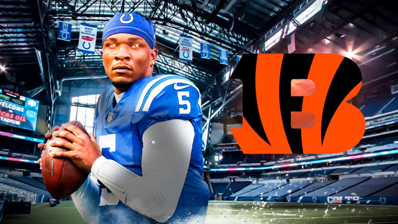 Anthony Richardson with laser eyes looking at the Bengals logo