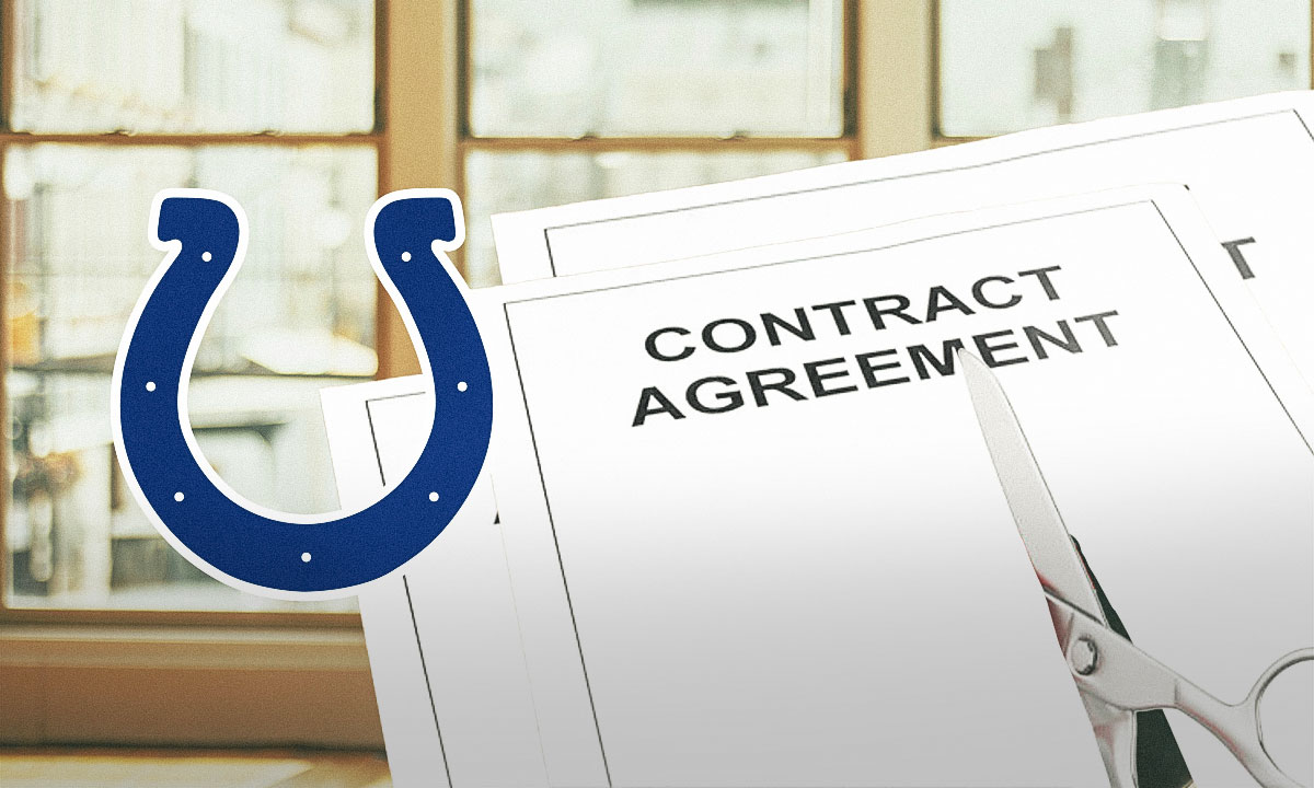 Indianapolis Colts logo with pair of scissors cutting through three contracts of their draft picks