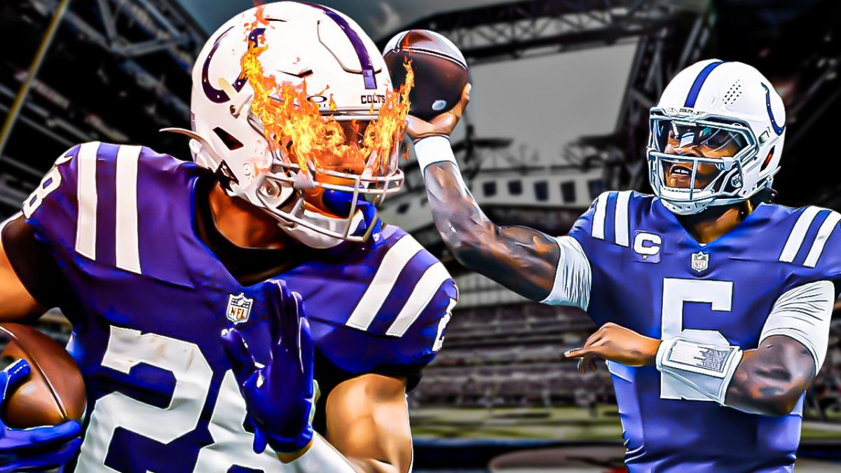 Colts Jonathan Taylor with fire in his eyes. Colts Anthony Richardson in background throwing a football.