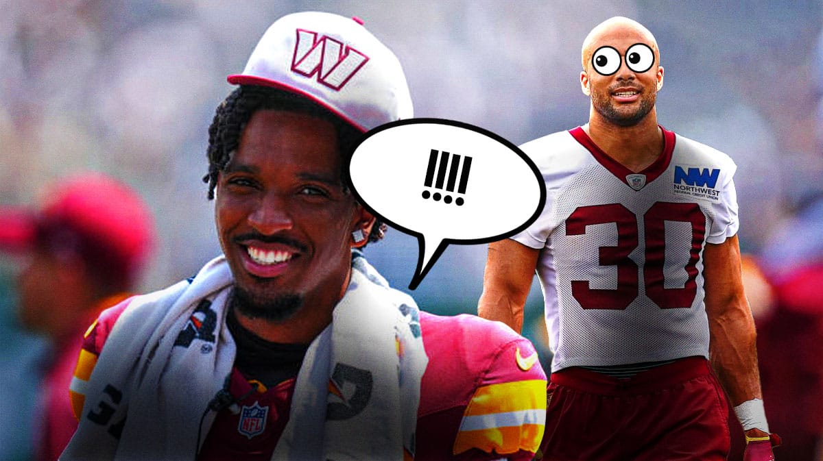 Washington Commanders QB Jayden Daniels with "!!!" in a speech bubble with Austin Ekeler beside him in a Commanders uniform with surprised cartoon eyes