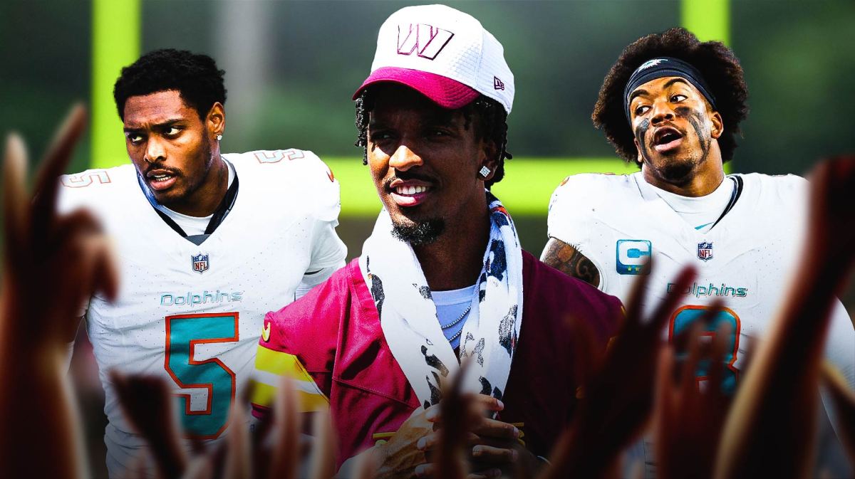 Washington Commanders star Jayden Daniels in the middle of Miami Dolphins stars Jalen Ramsey and Jevon Holland.