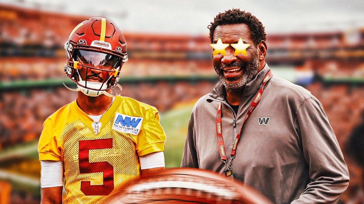 Jayden Daniels on one side, Doug Williams on the other side with stars over his eyes