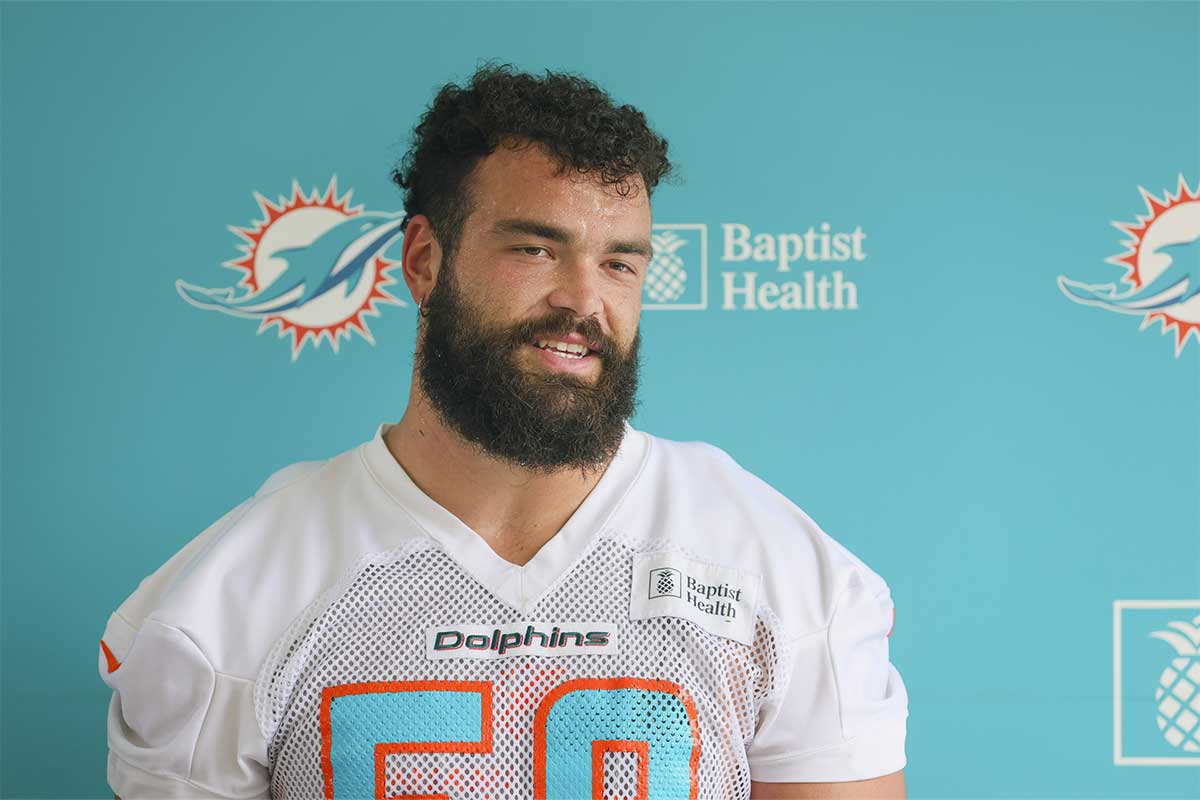 Miami Dolphins guard Connor Williams (58) talks to reporters during training camp at Baptist Health Training Facility.