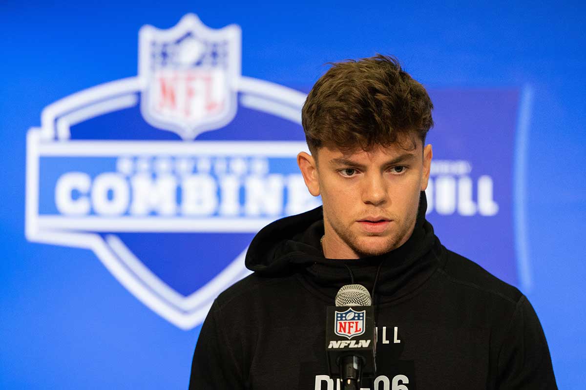 Iowa defensive back Cooper Dejean (DB06) talks to the media during the 2024 NFL Combine at Lucas Oil Stadium. 