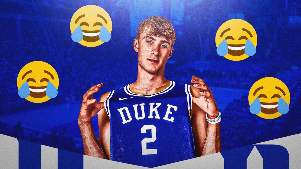 Incoming Duke basketball freshman Cooper Flagg with laughing emojis above