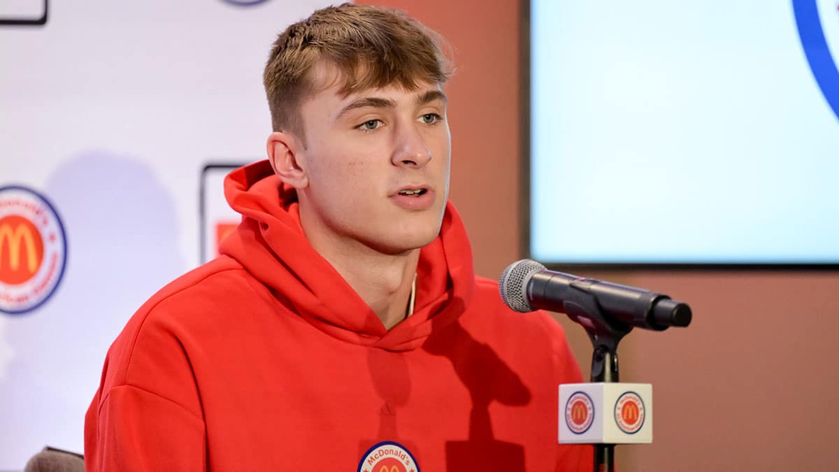 McDonald's All American East forward Cooper Flagg speaks during a press conference at JW Marriott Houston by The Galleria. 
