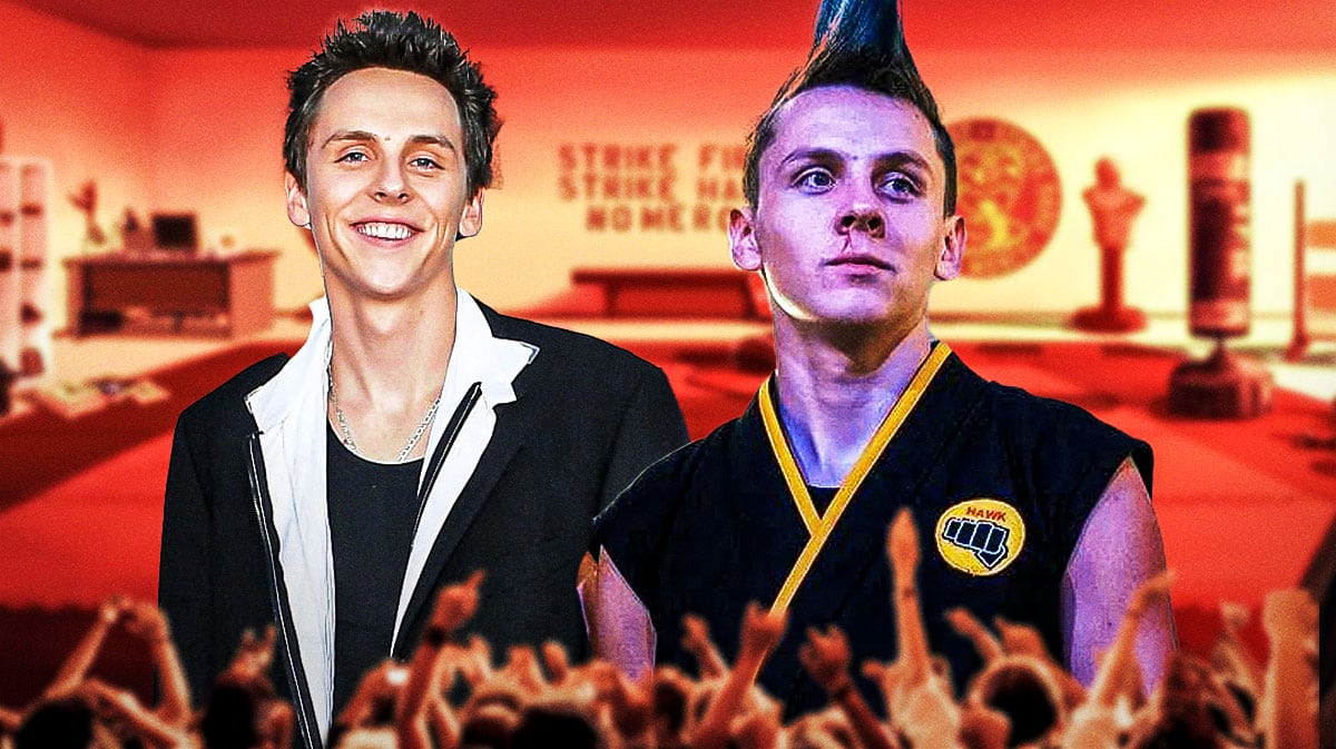 Jacob Bertrand next to Hawk in Cobra Kai Season 6.