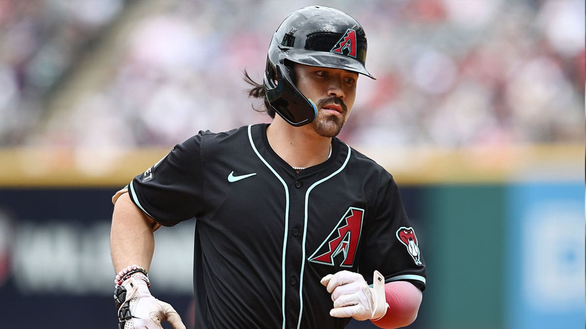 Arizona Diamondbacks right fielder Corbin Carroll (7) rounds the bases after hitting a home run during the fifth inning against the Cleveland Guardians at Progressive Field.