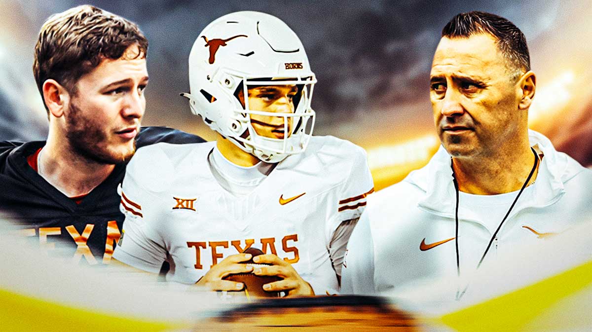 Texas football coach Steve Sarkisiain loking at Arch Manning and Quinn Ewers.