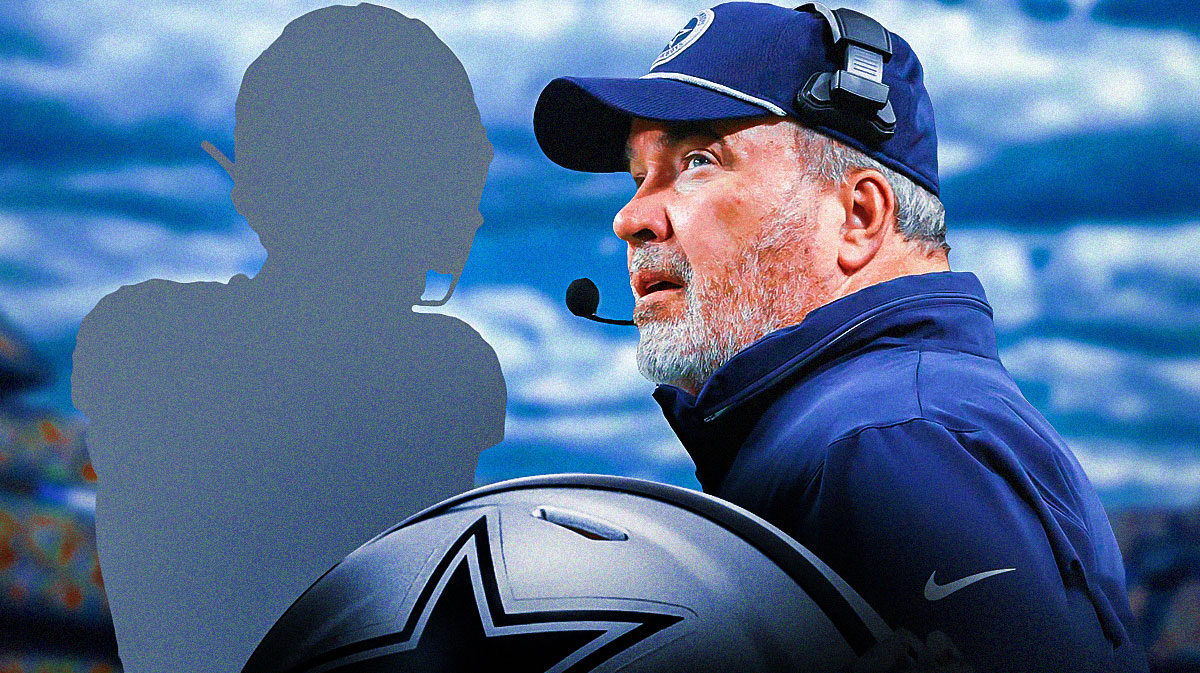 Cowboys' Mike McCarthy next to a silhouette of a player