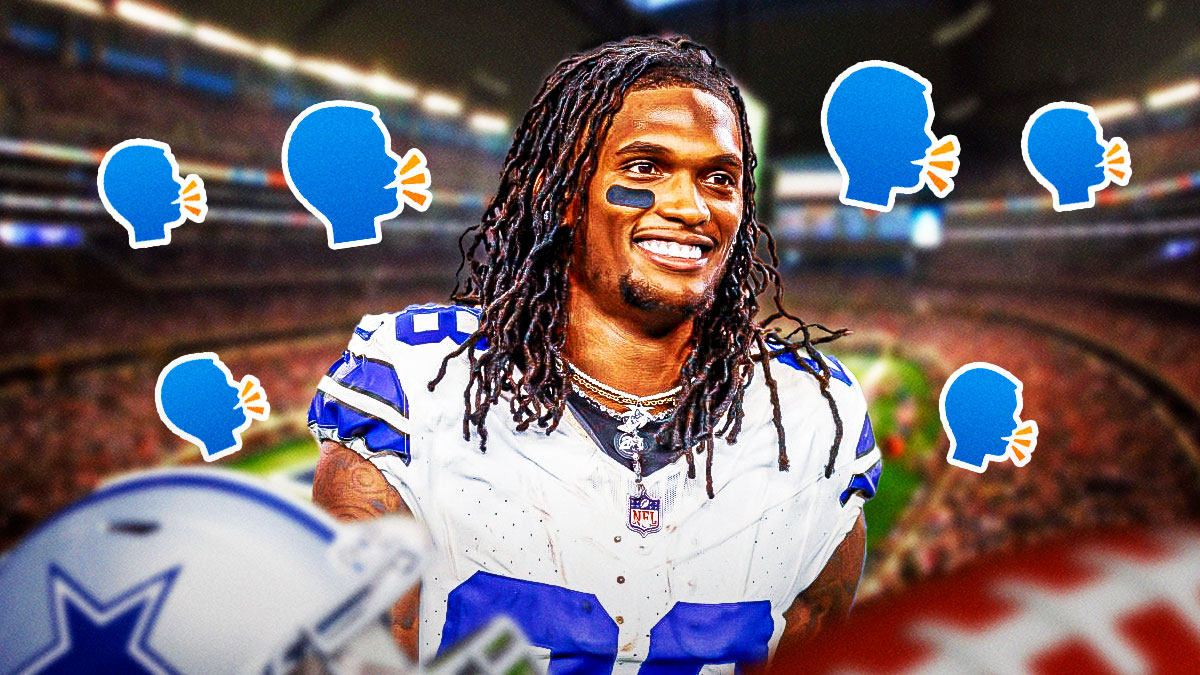 CeeDee Lamb surrounded by a bunch of 🗣️ with a Cowboys-themed BG.