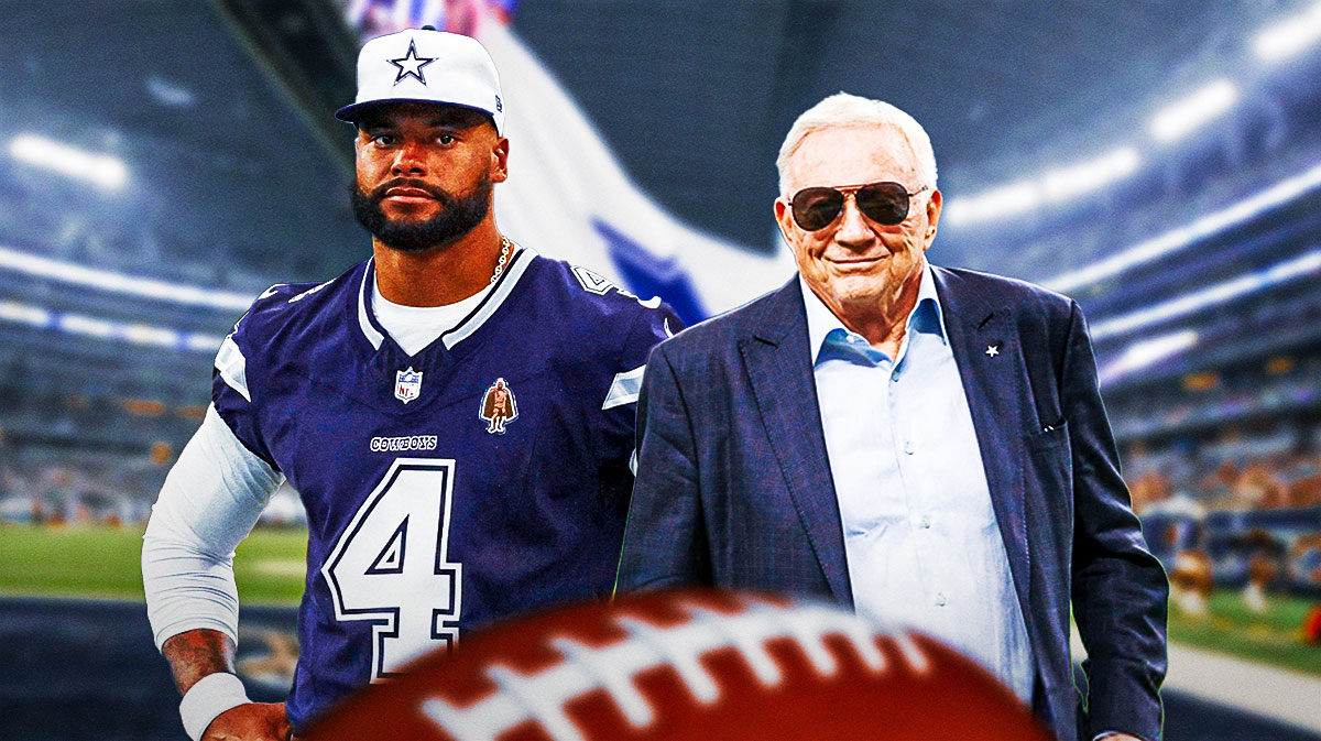 Dak Prescott with a speech bubble that says, "I can't hear you!" while looking at Jerry Jones featuring a Cowboys-themed BG.