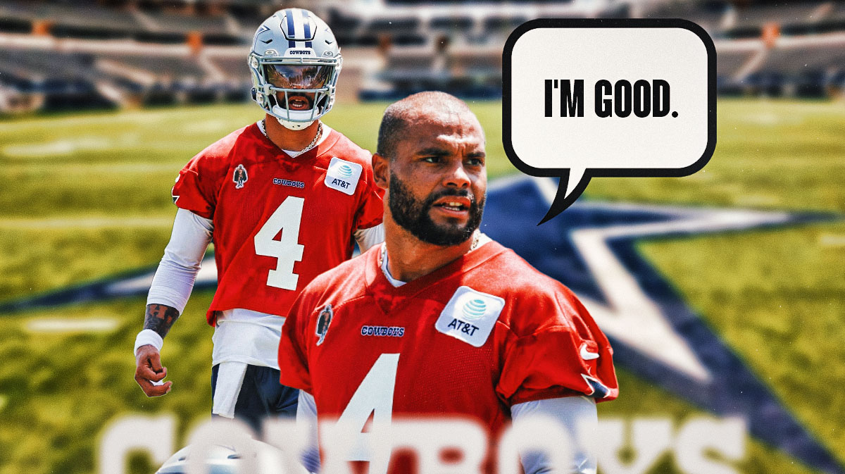 Dak Prescott with a speech bubble saying, "I'm good." featuring a Cowboys-themed bg.