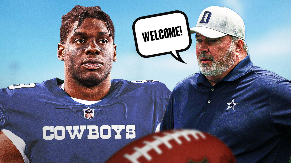 Carl Lawson in a Dallas Cowboys uniform on one side, Mike McCarthy on the other side with a speech bubble that says "Welcome!"