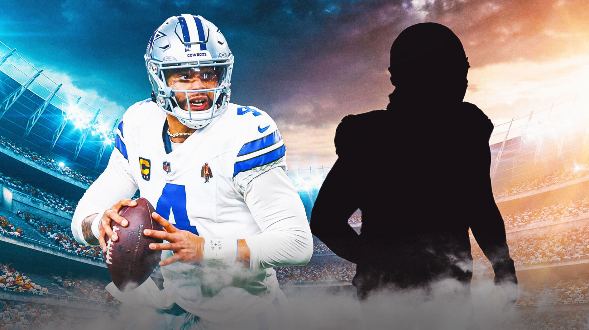 Dak Prescott (Cowboys) with eyes emoji and looking at silhouette of Jordan Phillips (ex-Bills)