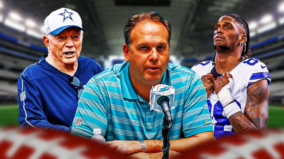 Mike Tannebaum next to Dallas Cowboys owner Jerry Jones and star Ceedee Lamb in front of AT&T Field.