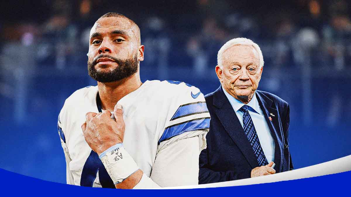 Dallas Cowboys star Dak Prescott and Jerry Jones in front of AT&T Stadium.
