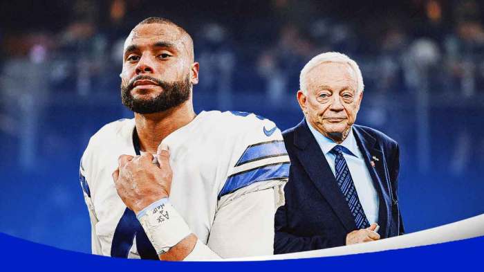 Dallas Cowboys star Dak Prescott and Jerry Jones in front of AT&T Stadium.