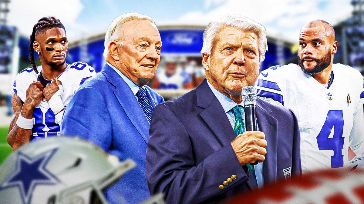 Former Dallas Cowboys coach Jimmy Johnson next to Jerry Jones, Dak Prescott, and CeeDee Lamb in front of AT&T Stadium.