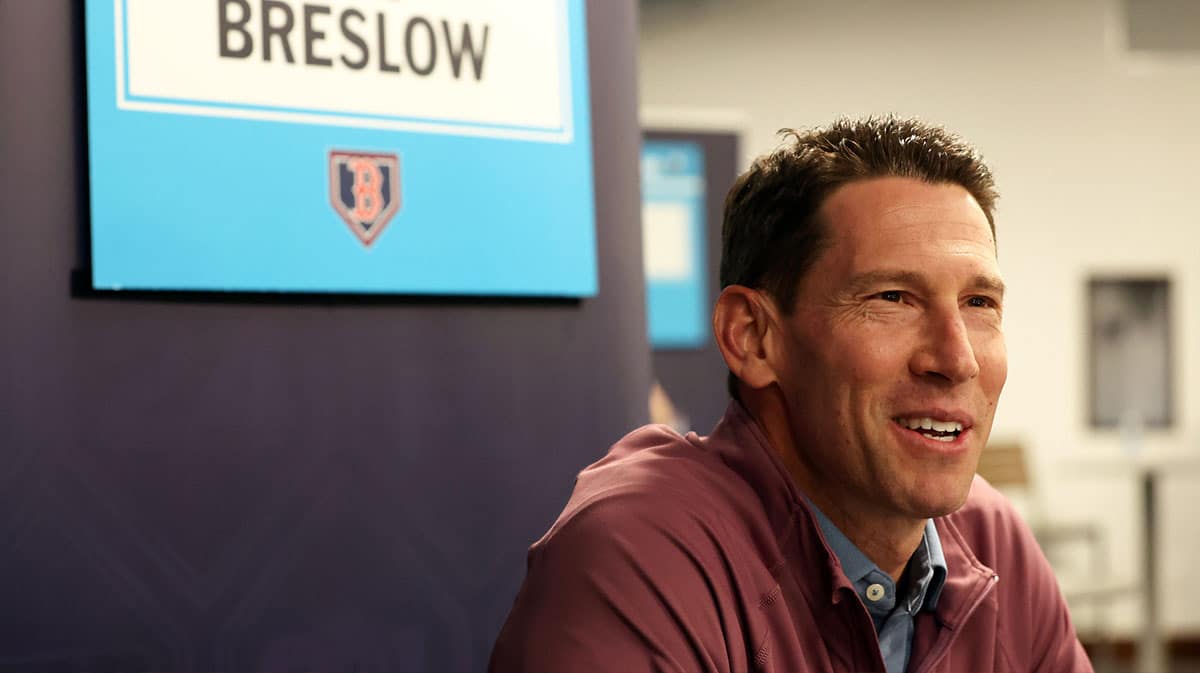 Boston Red Sox chief baseball officer Craig Breslow talks with media at George M. Steinbrenner Field.