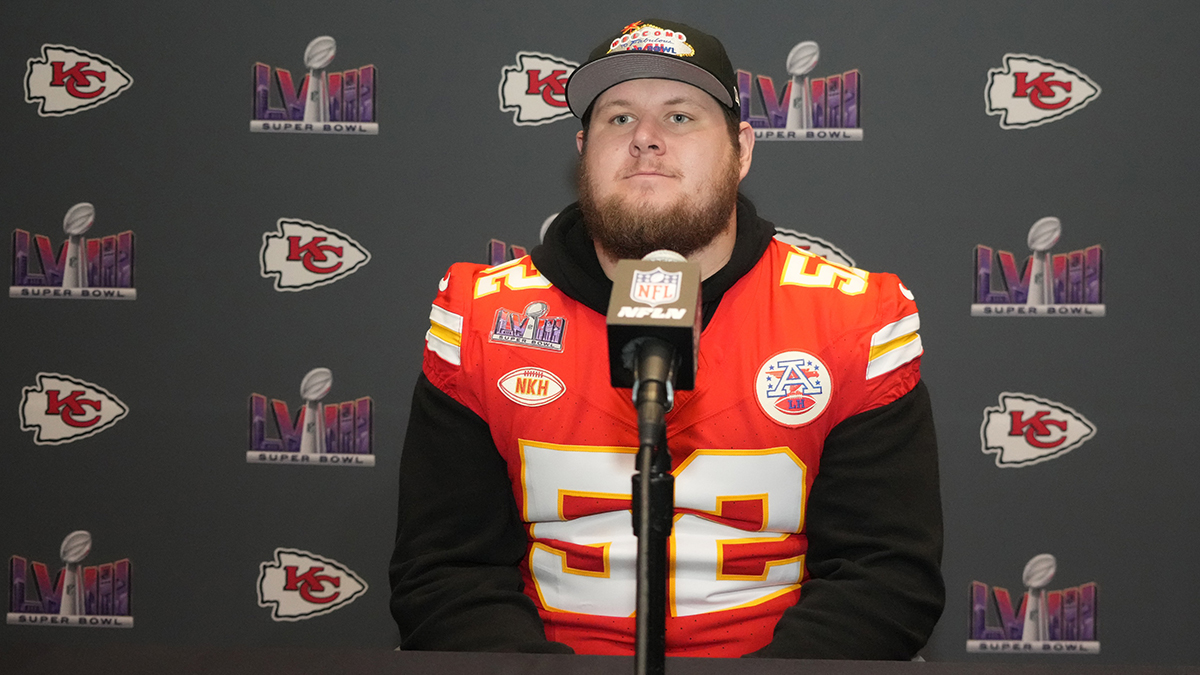 Kansas City Chiefs center Creed Humphrey (52) during a press conference before Super Bowl LVIII at Westin Lake Las Vegas Resort and Spa.