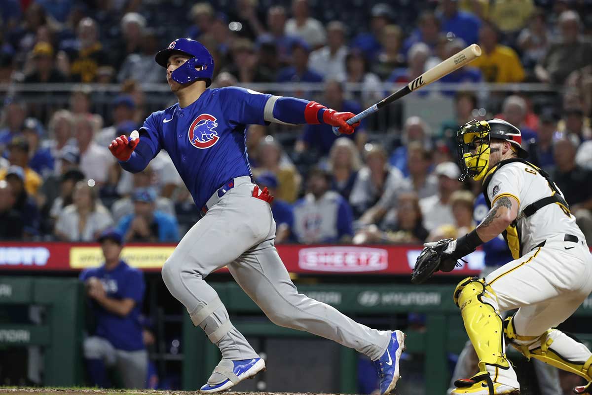 Chicago Cubs catcher Miguel Amaya (9) hits a two run double against the Pittsburgh Pirates during the sixth inning at PNC Park.