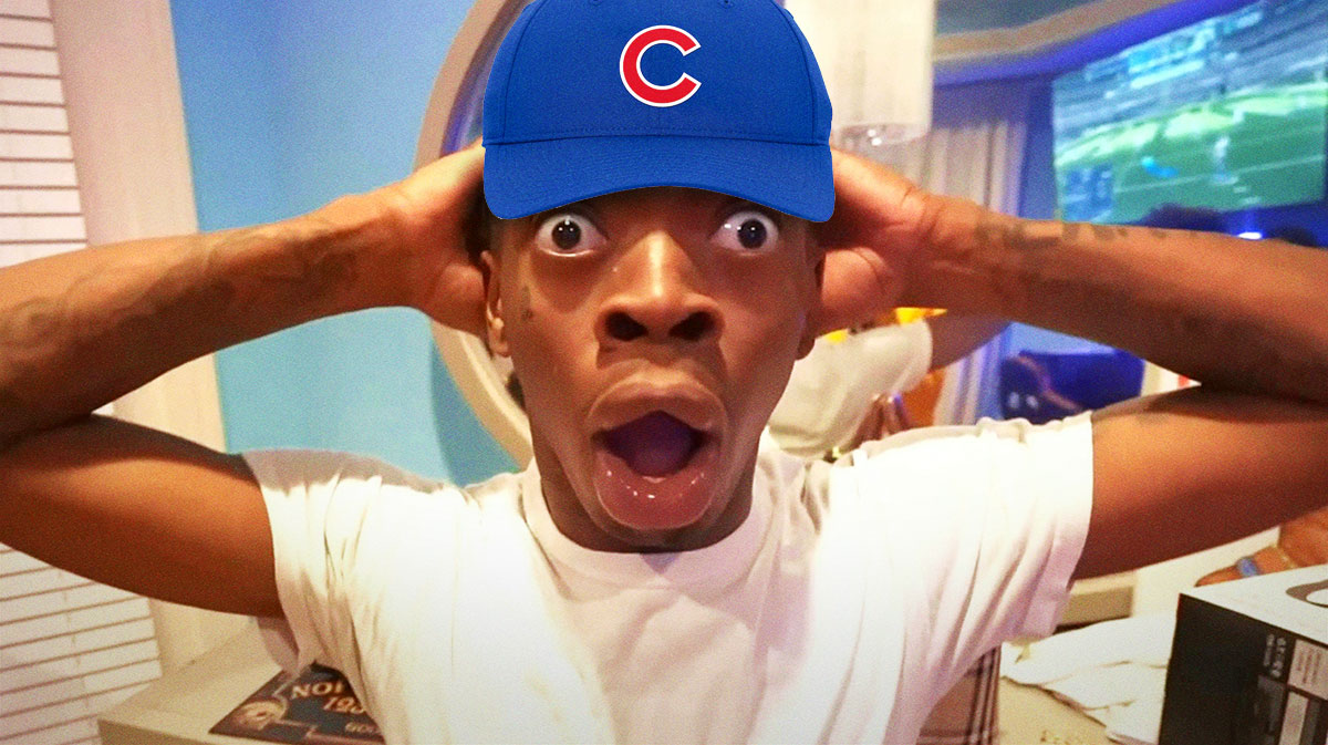 Surprised guy meme with CHICAGO CUBS cap