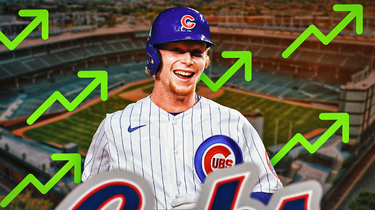 Cubs' Pete Crow-Armstrong smiling, with trending up symbols all over