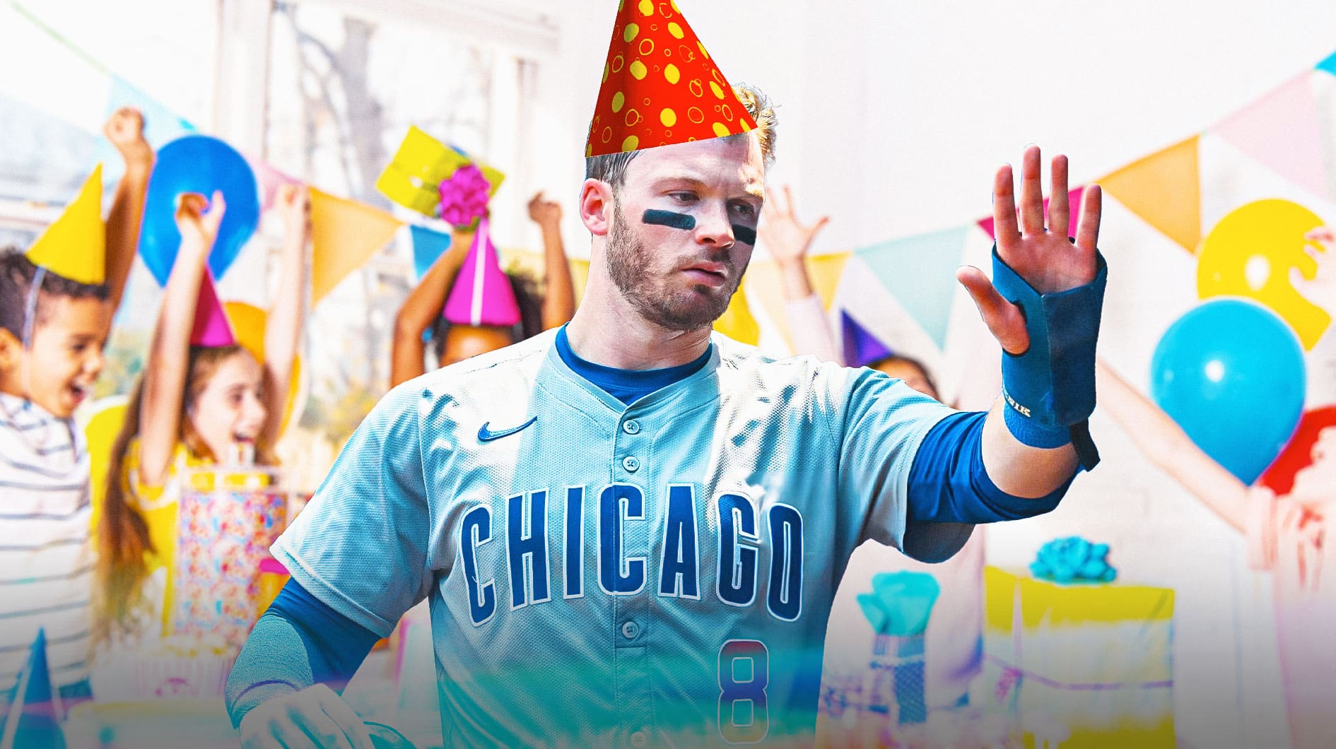 Ian Happ (Cubs) wearing a birthday hat and a kids birthday party in the background