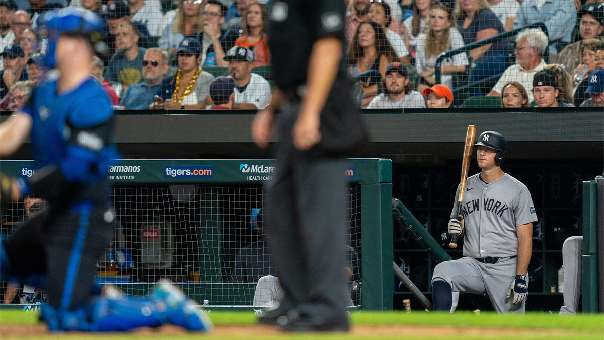 New York Yankees first baseman DJ LeMahieu (26) waits in the dugout for his turn at bat against a Detroit Tigers at Comerica Park in Detroit on Friday, Aug. 16, 2024.