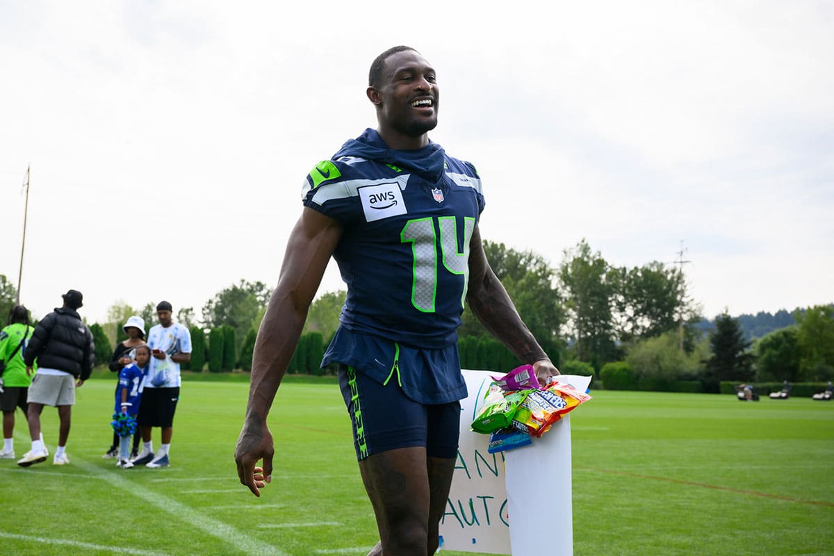 Seattle Seahawks wide receiver DK Metcalf (14) walks off the field after training camp at Virginia Mason Athletic Center.