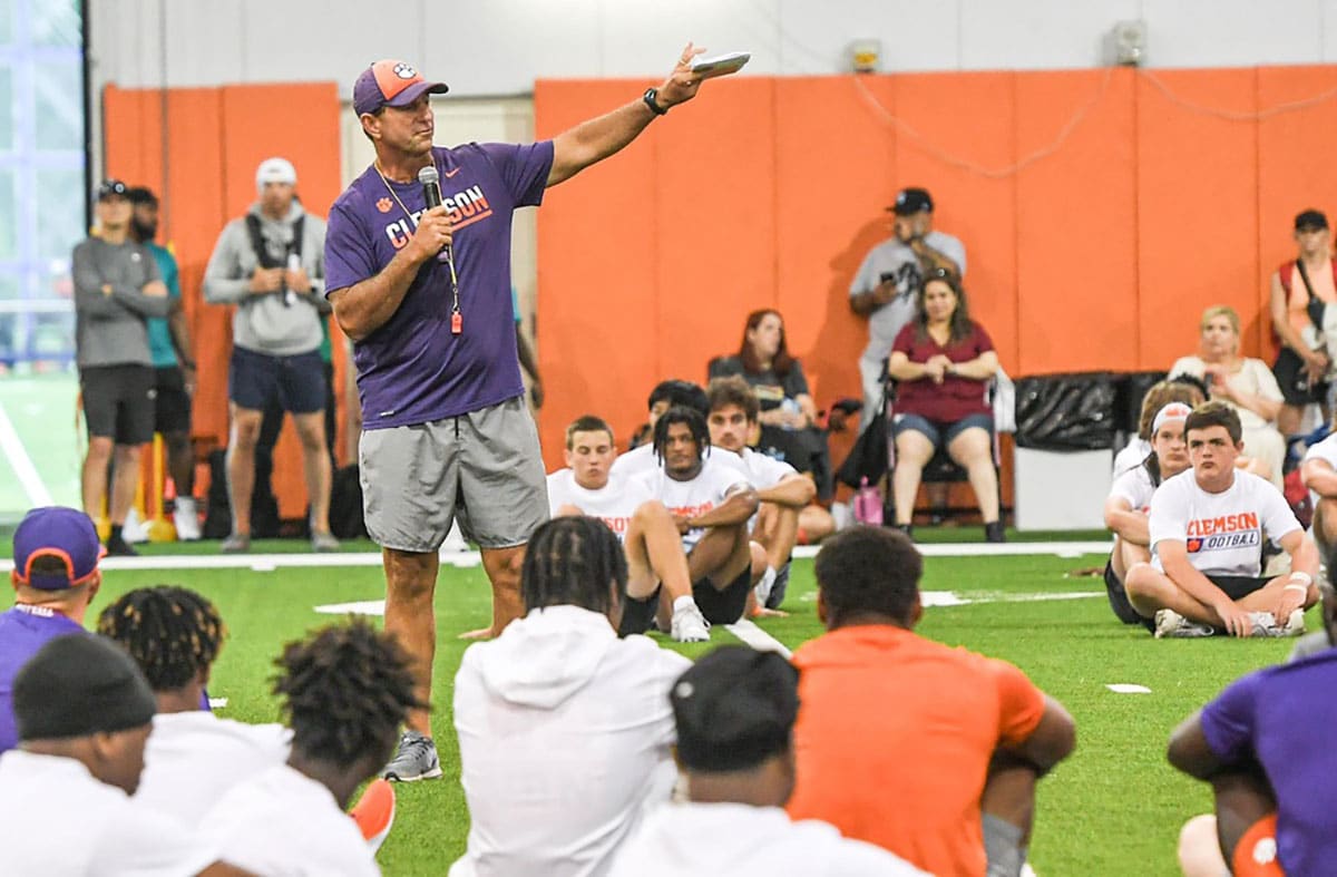 Clemson head coach Dabo Swinney speaks to football campers during the 2024 Dabo Swinney Football Camp