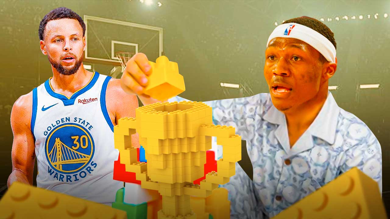 Daeqwon Plowdon and Steph Curry making a lego trophy, Golden State Warriors