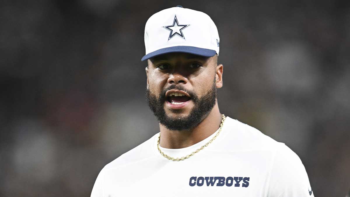 Dallas Cowboys quarterback Dak Prescott (4) looks on from the sideline in the third quarter against the Las Vegas Raiders at Allegiant Stadium.