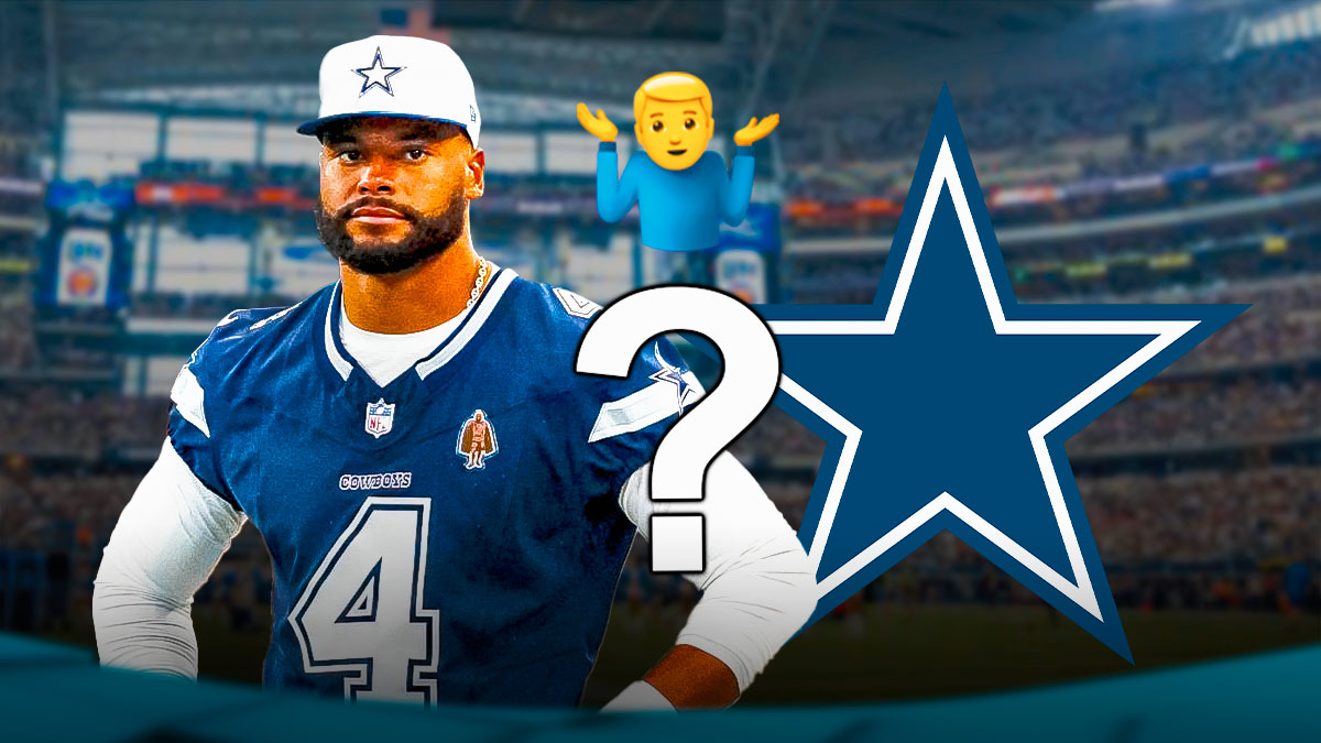 Cowboys QB Dak Prescott with shrug shoulder and question emojis 🤷❓ next to a Cowboys logo