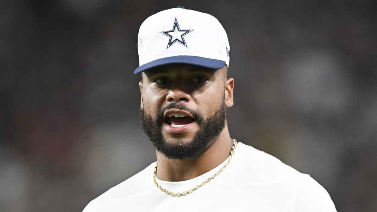 Dallas Cowboys quarterback Dak Prescott (4) looks on from the sideline in the third quarter against the Las Vegas Raiders at Allegiant Stadium.