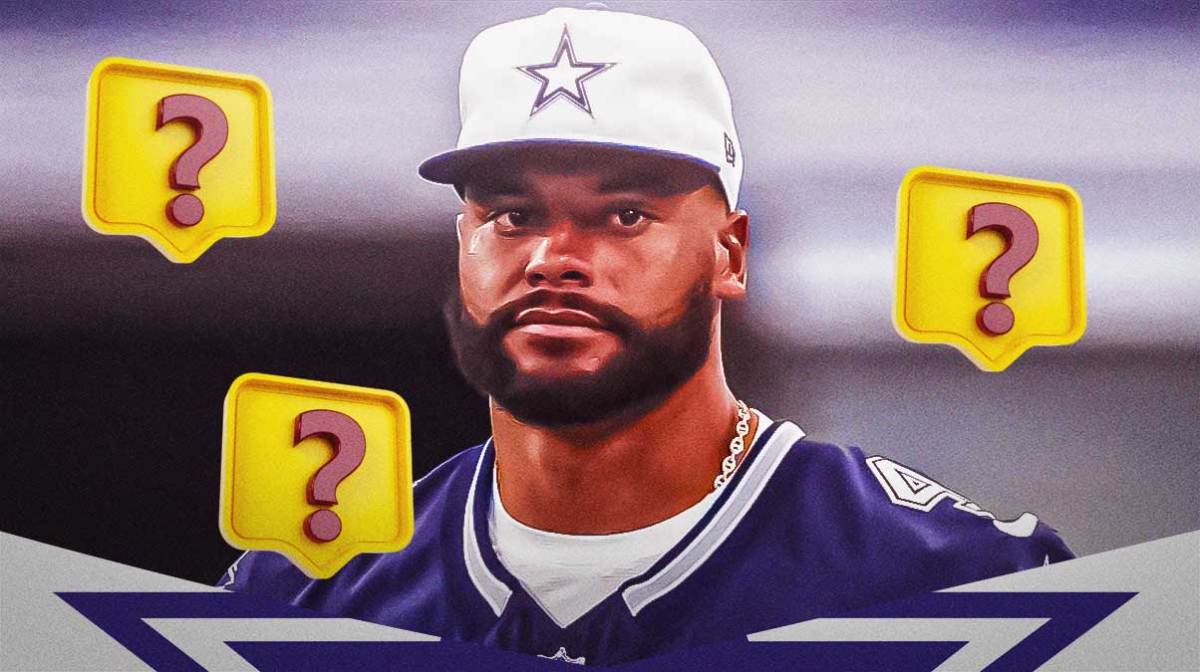 Dak Prescott in a Cowboys jersey with question marks surrounding him.