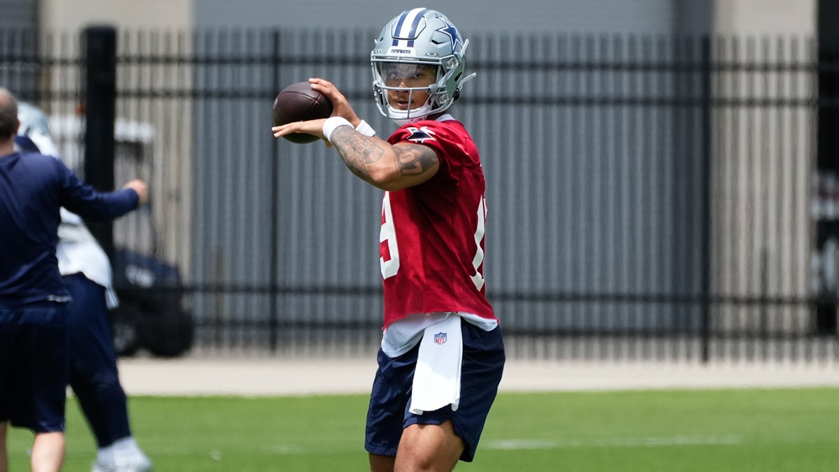 Dallas Cowboys quarterback Trey Lance (19) goes through a drill during practice at the Ford Center at the Star Training Facility in Frisco, Texas. 