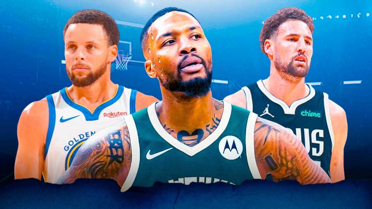 Damian Lillard with a drop of sweat on his face with Stephen Curry and Klay Thompson behind him