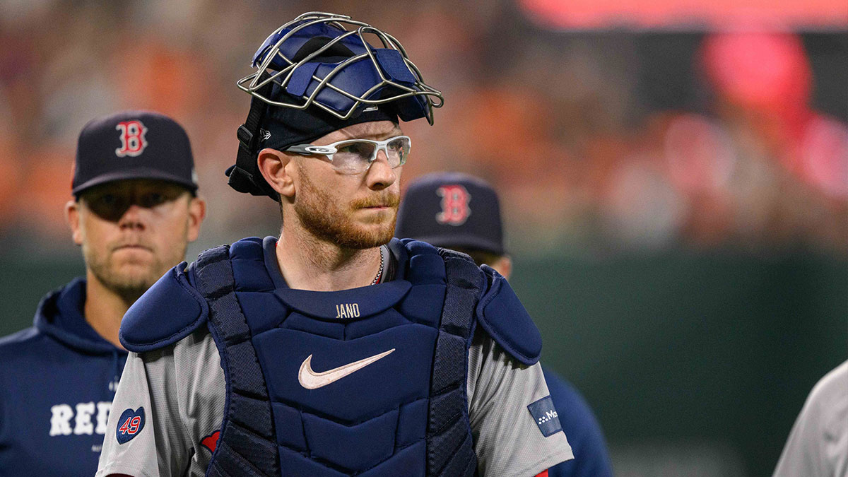 Boston Red Sox catcher Danny Jansen (28) looks on prior to the game between the Baltimore Orioles and the Boston Red Sox at Oriole Park at Camden Yards.